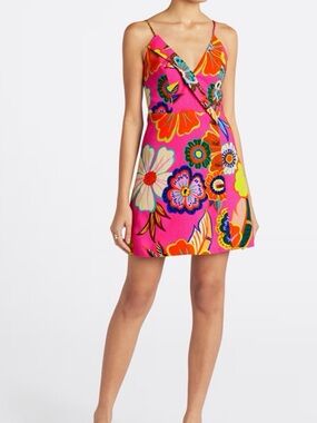 FARM RIO Pink Linen-blend Floral Garden Mini Wrap Dress